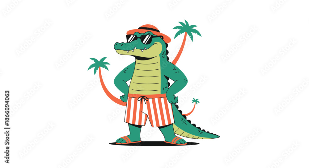 Naklejka premium Funny cartoon crocodile character wearing sunglasses, an orange hat, and striped swim trunks standing in front of palm trees.