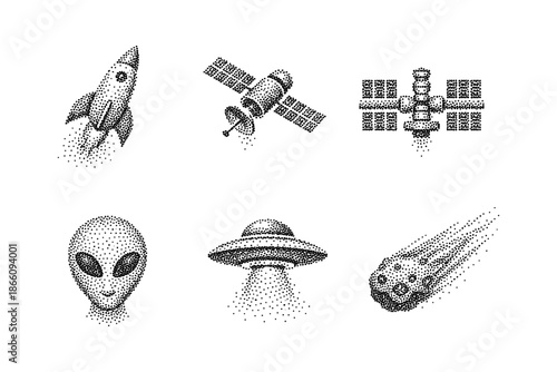 Futuristic dot art: spacecraft, ufo, alien, and celestial objects in halftone style