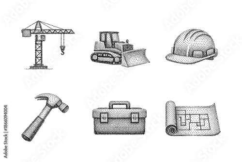 Construction icons: vintage halftone style of crane, bulldozer, hard hat, hammer, toolbox, blueprint