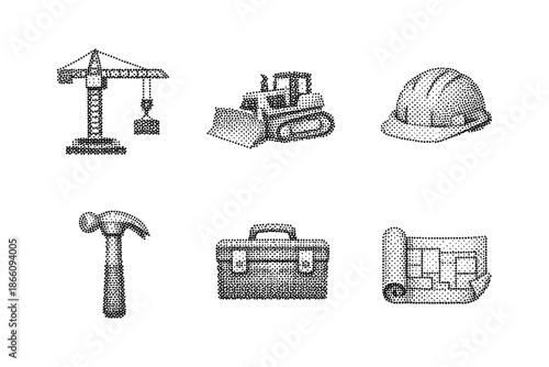 Halftone construction icons set featuring crane, bulldozer, hard hat, hammer, toolbox, and blueprint