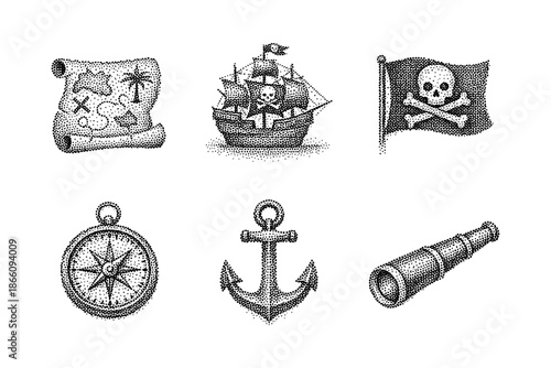 Vintage pirate adventure icons: treasure map, ship, flag, compass, anchor, telescope