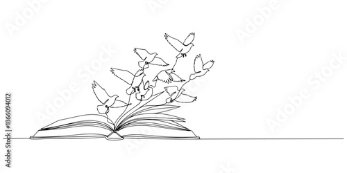 Continuous one line of an open book that turns into a flying bird, education and imagination theme, drawn vector illustration.
