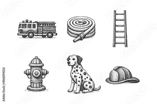 Halftone firefighting symbols: truck, hose, ladder, hydrant, dalmatian, helmet