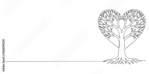 Continuous one line of a heart shaped tree, symbolism of nature and love, drawn vector illustration.