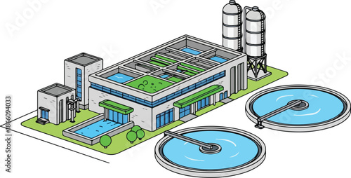 Water Treatment Plant Illustration with Tanks and Buildings.