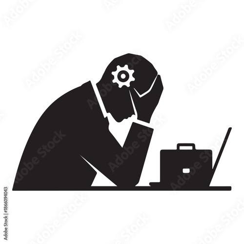 Depressed Businessman Sitting and Holding Head in Stress and Mental Pressure Silhouette