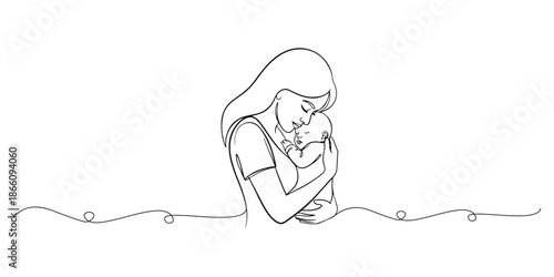 Continuous one line of a mother holding a baby, drawn vector illustration.