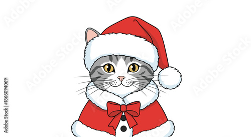Cute grey tabby cat dressed in a festive red Santa Claus hat and matching winter coat with a bow for Christmas holiday celebrations.