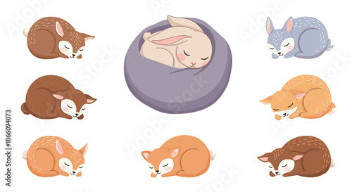 Collection of cute sleeping baby animals including bunnies and fawns curled up in various colors for nursery decor and children designs.