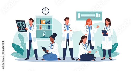 Diverse team of medical professionals including doctors and nurses in white coats and scrubs posing together in a hospital or clinic setting.