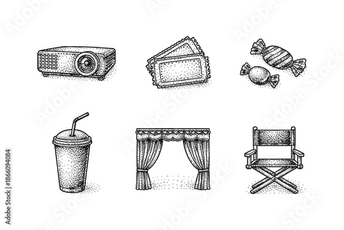 Cinema elements in stipple art: projector, tickets, candy, drink, stage, and director chair