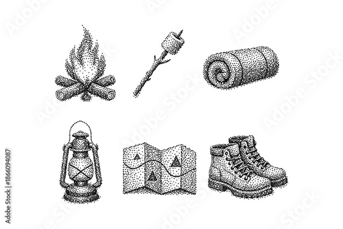 Camping essentials: dot art style with fire, boots, lantern, and more