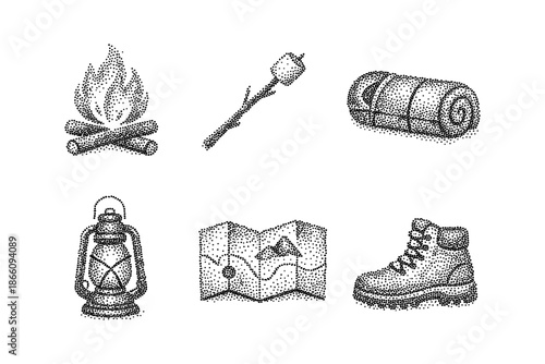 Retro camping icons: fire, marshmallow, sleeping bag, lantern, map, boot in halftone