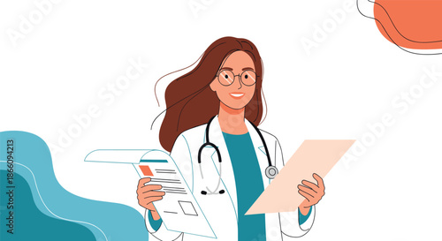 Smiling female doctor with long brown hair wearing a white coat and stethoscope while holding medical charts or patient reports.