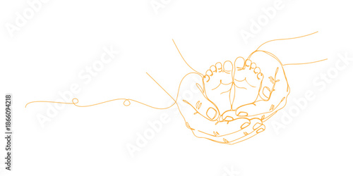 Continuous one line of a two hands gently holding a baby's feet, drawn vector illustration.
