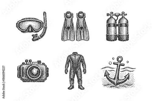 Diving gear set: stipple style design featuring snorkel, fins, wetsuit, anchor, camera, and tanks