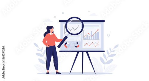 Professional businesswoman analyzing financial growth charts on a presentation board using a large magnifying glass for research.