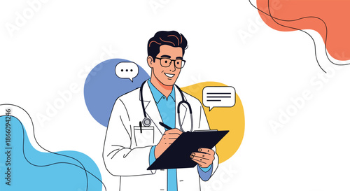 Smiling male doctor in a white lab coat and stethoscope writing medical notes on a clipboard with speech and thought bubbles.