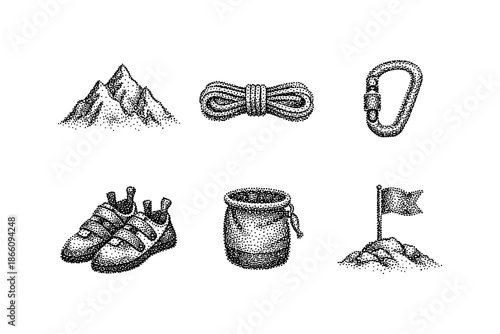 Mountain climbing gear dotwork art: shoes, rope, carabiner, flag, chalk bag