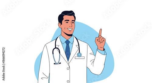 Friendly male doctor wearing a white lab coat and stethoscope smiles while pointing his finger upwards as if sharing advice.