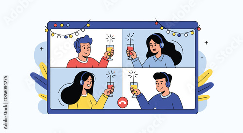 Four friends enjoy a virtual celebration via a video conference call while wearing headphones and holding glasses of champagne.