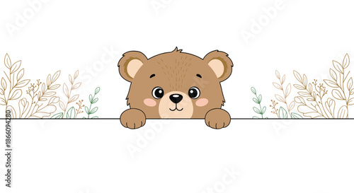 Adorable brown teddy bear peeks over a white banner surrounded by delicate hand-drawn botanical leaves and branches.