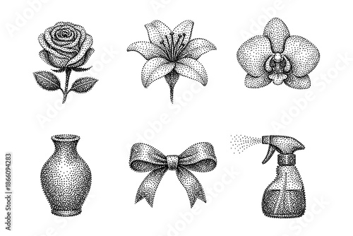 Dotwork floral and object set with rose, lily, orchid, vase, bow, and spray bottle