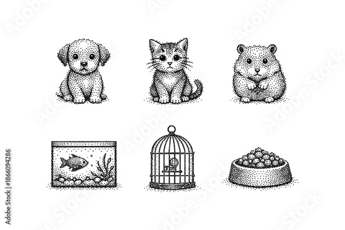 Cute pets portraits: dot art of dog, cat, hamster, and pet accessories