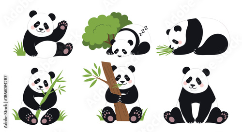 Collection of cute giant panda illustrations showing the animal waving, sleeping, eating bamboo, and sitting in various poses.