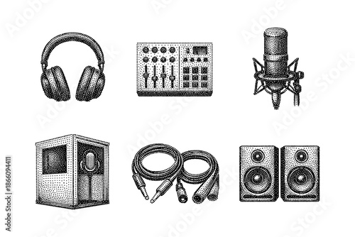 Retro dot style audio equipment icons featuring headphones, mixer, microphone, recording booth, cables, and speakers