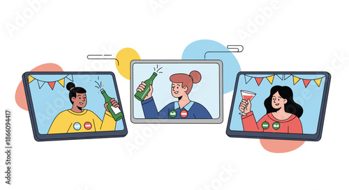 Group of three diverse people on separate tablet screens celebrating and toasting with bottles and glasses of drinks.