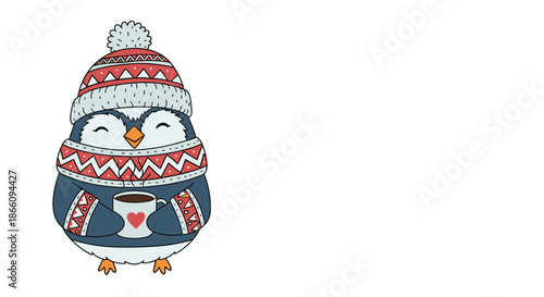 Cute penguin wearing a knitted winter hat and scarf holds a warm mug of coffee with a red heart on it.