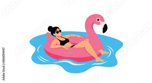 Relaxed woman wearing sunglasses and a black swimsuit lies on a pink flamingo pool float on bright blue water.