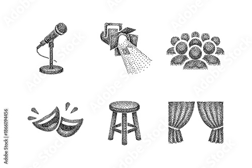 Halftone theater elements: microphone, spotlight, audience, masks, stool, curtains
