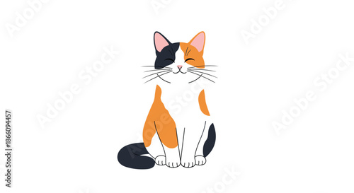 Beautiful calico cat with black, orange, and white patches sits calmly with its eyes closed and a peaceful smile.