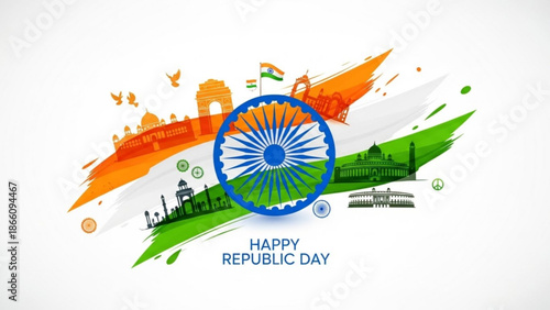 Vibrant indian republic day celebration graphic with iconic landmarks and national flag colors with India national flag and Ashoka Chakra and Indian landmarks