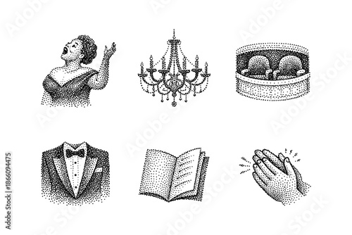 Vintage halftone opera icons: singer, chandelier, theater elements, applause