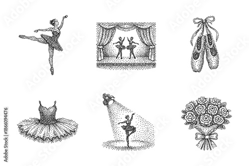 Stipple dance collection: ballet silhouettes and accessories in pointillism style