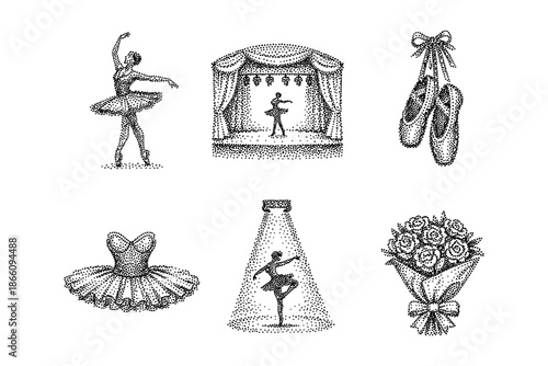 Elegant ballet icons in stipple art style featuring dancer, stage, pointe shoes, tutu, spotlight, and bouquet