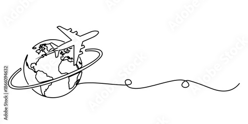 Continuous one line of a plane circling the world, travel and freedom concept, drawn vector illustration.