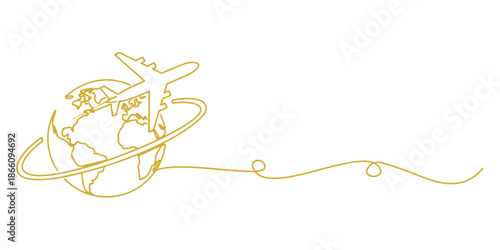 Continuous one line of a plane circling the world, travel and freedom concept, drawn vector illustration.