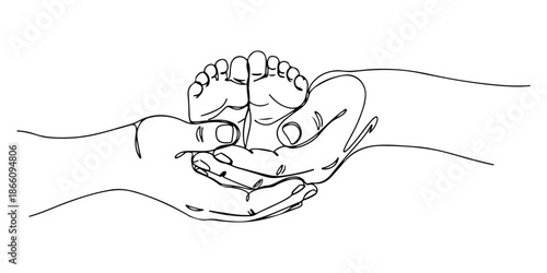 Continuous one line of a two hands gently holding a baby's feet, drawn vector illustration.