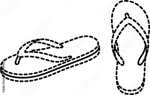 Flip flop sandals dashed outline illustration showing front and side views, minimalist black line vector, summer footwear icon design