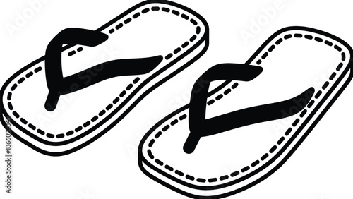 Flip flop sandals illustration with stitched sole detail, minimalist black and white vector outline, summer beach footwear icon design