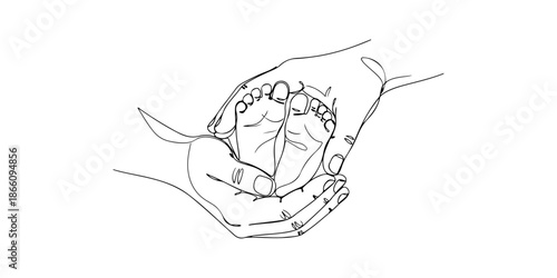Continuous one line of a two hands gently holding a baby's feet, drawn vector illustration.