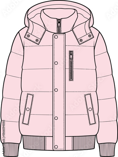 Hooded puffer jacket flat sketch with quilting and ribbed hem, insulated down-filled winter coat front and back technical garment drawing
