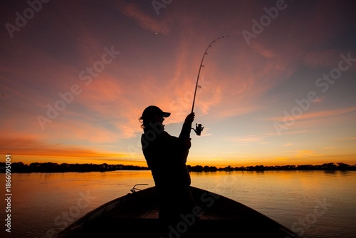 Fotografía Silueta de pescador con caña en un bote durante un atardecer naranja sobre el rí