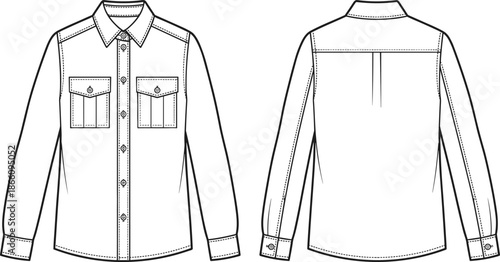 Men long sleeve button up shirt technical illustration, dual chest pockets design, front and back views, clean apparel fashion vector outline