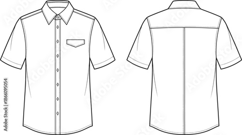 Men short sleeve button down shirt technical illustration, front and back views, clean outline apparel fashion vector flat design
