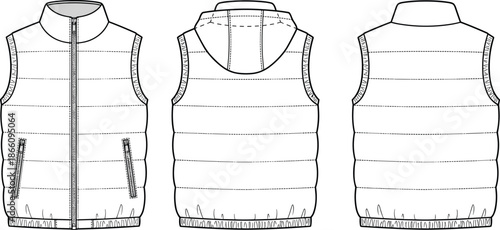 Men sleeveless padded vest technical illustration, zip front quilted body warmer, front and back views, clean fashion apparel vector